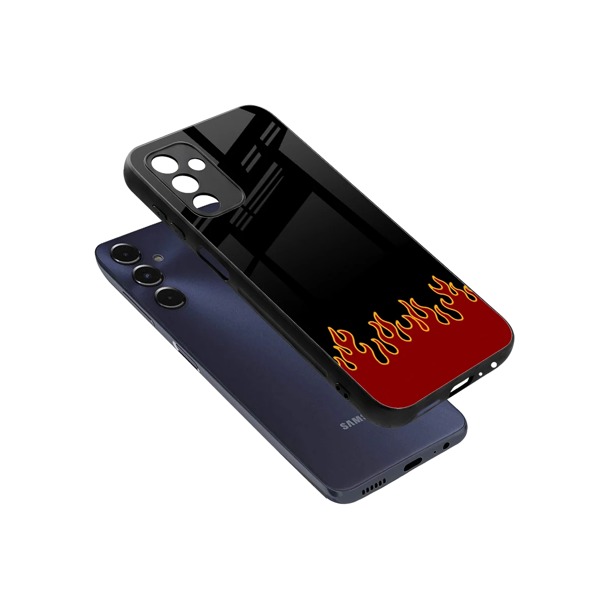 Retro Red Flames sleek samsung galaxy m14 5g cover with tempered glass back and TPU edges