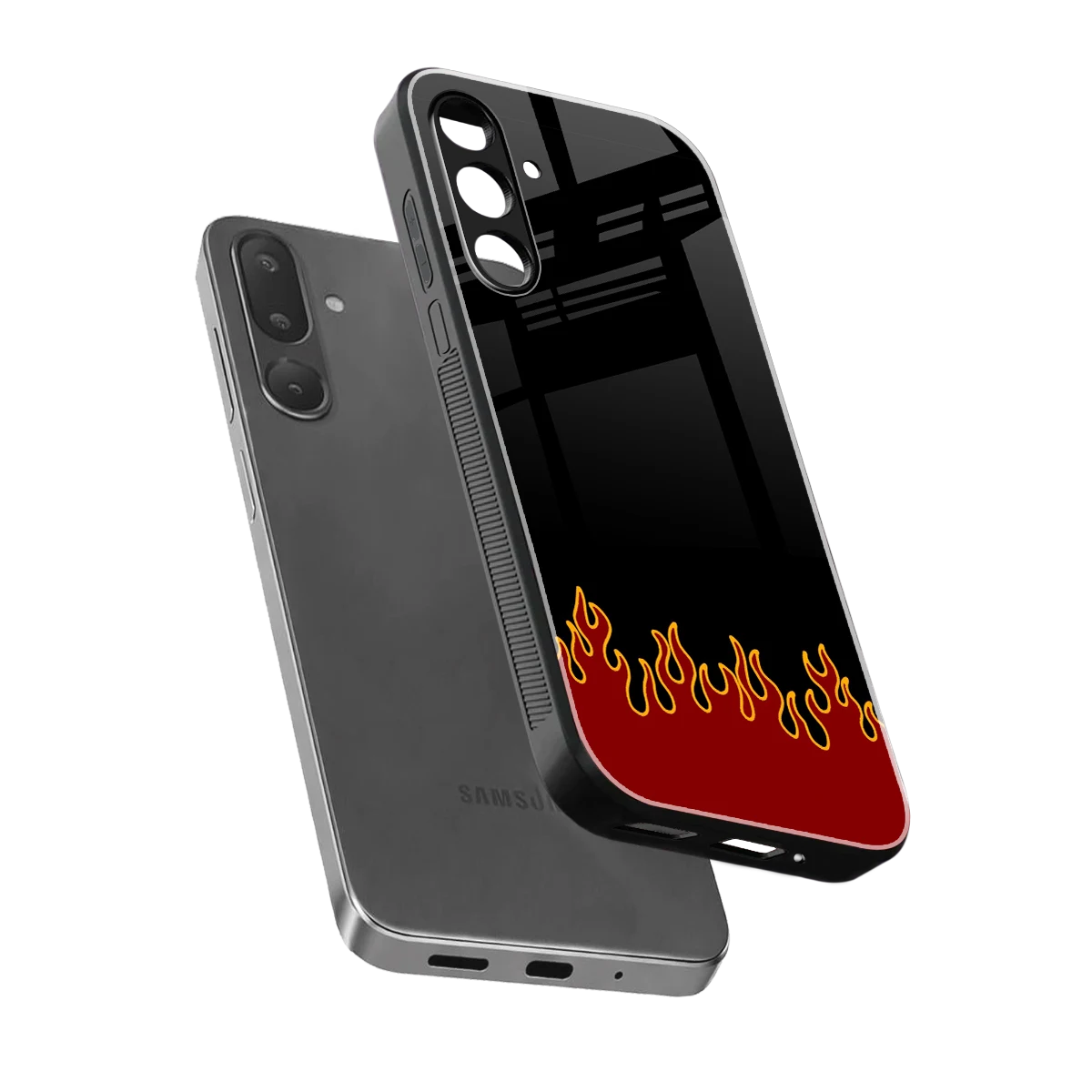 Retro Red Flames sleek samsung galaxy m36 5g cover with tempered glass back and TPU edges