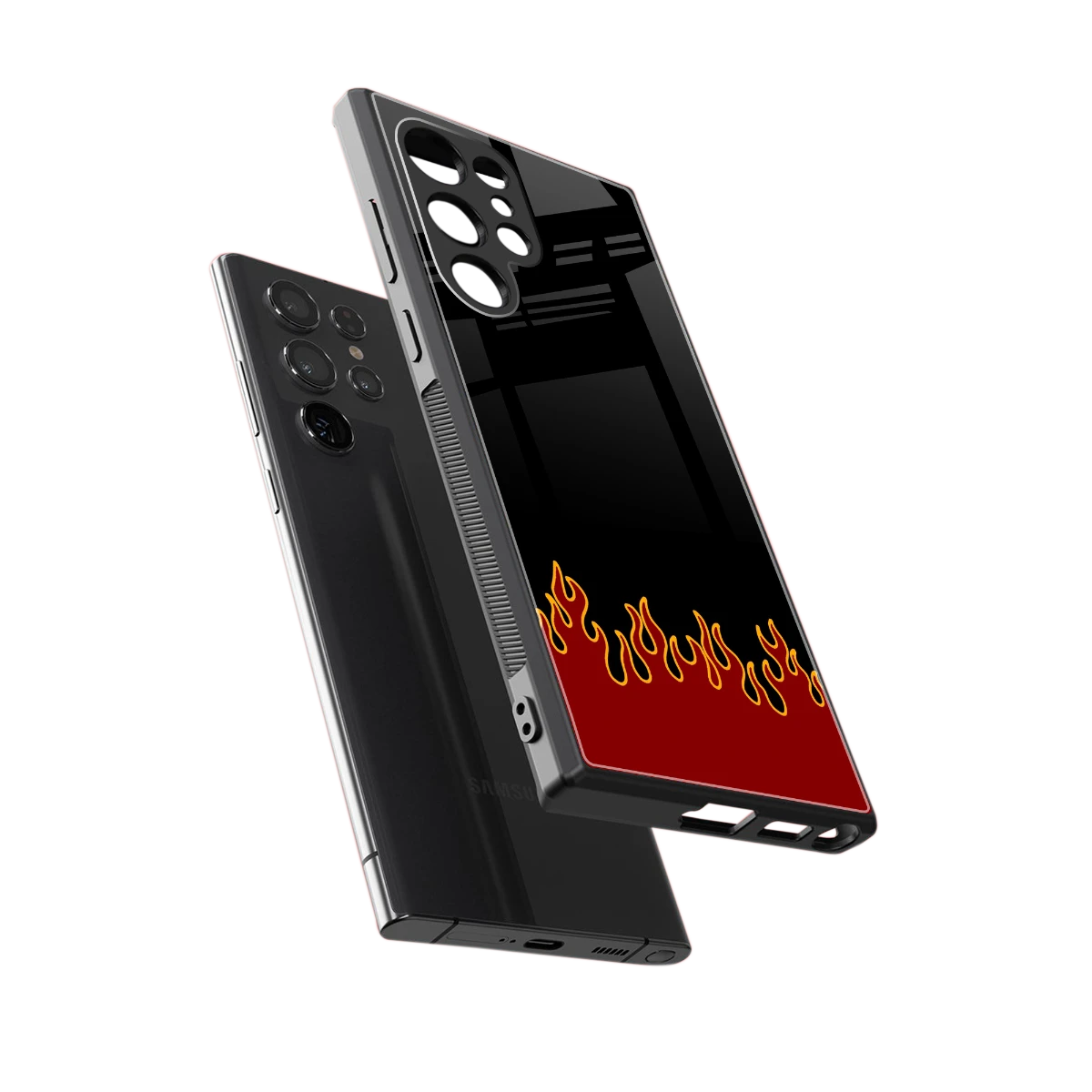 Retro Red Flames sleek samsung galaxy s23 ultra cover with tempered glass back and TPU edges