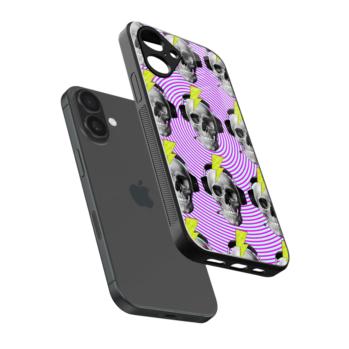 Skull Trip sleek iPhone 16 cover with tempered glass back and TPU edges