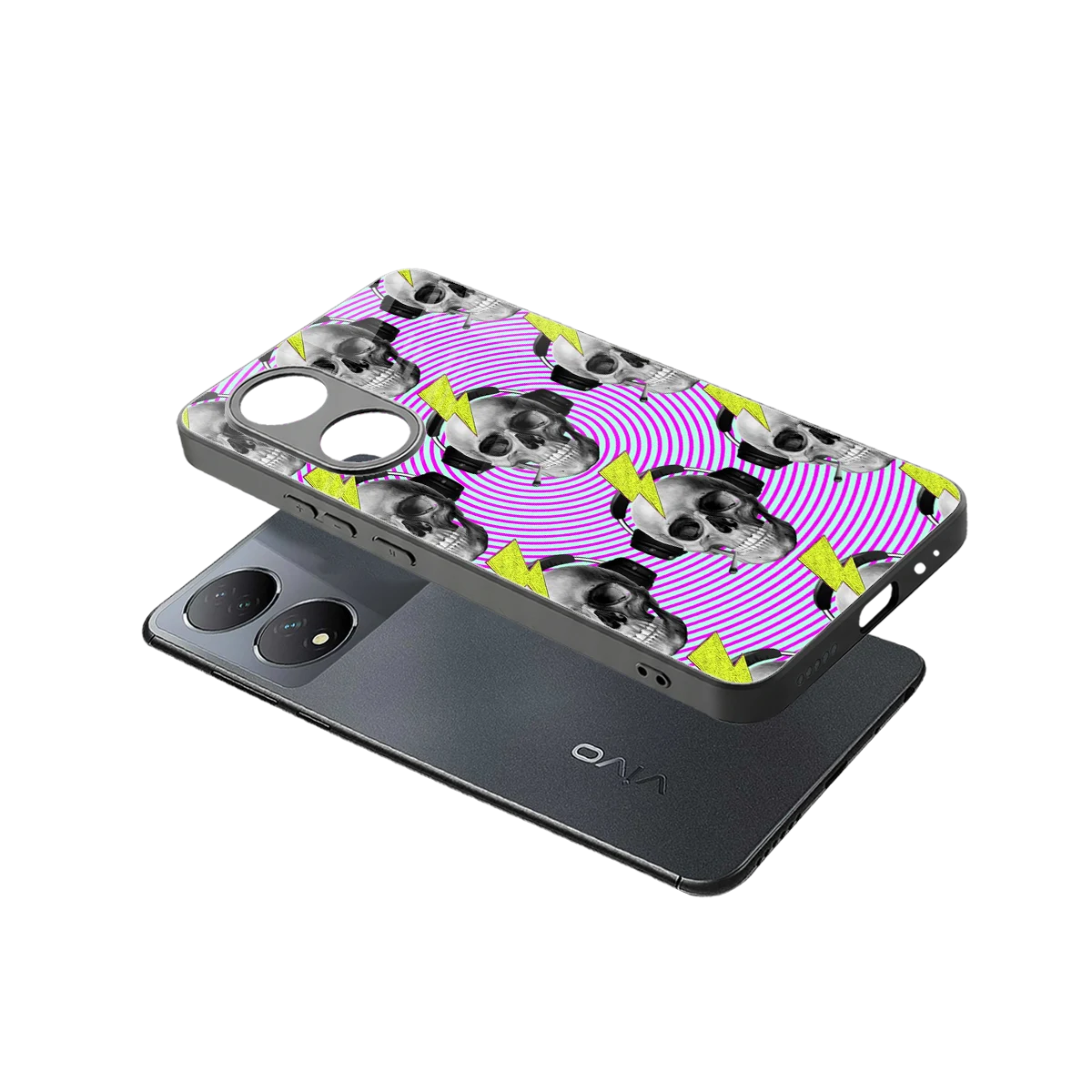 Skull Trip sleek Vivo-y100 cover with tempered glass back and TPU edges