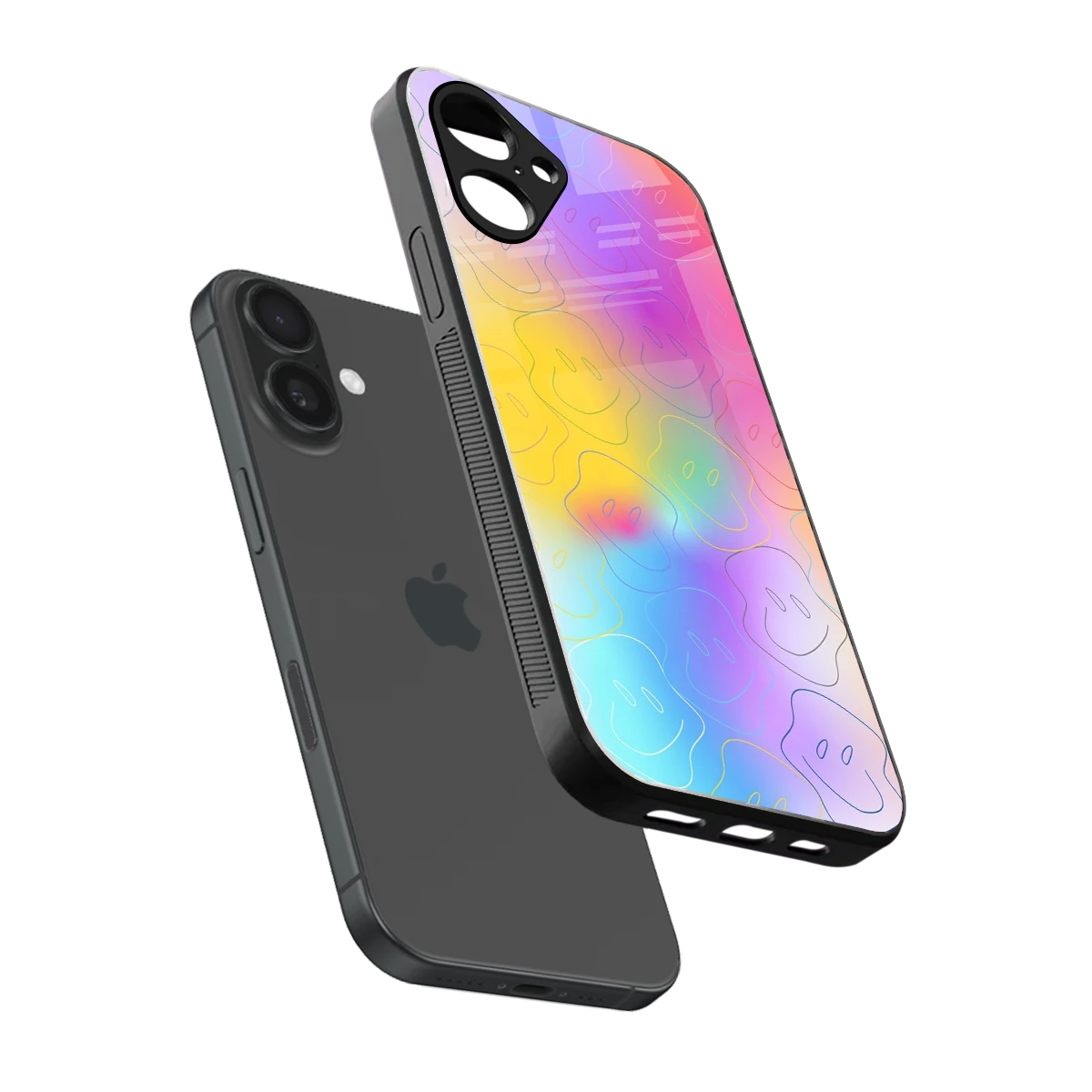 Smiley Colorburst sleek iPhone 16 cover with tempered glass back and TPU edges