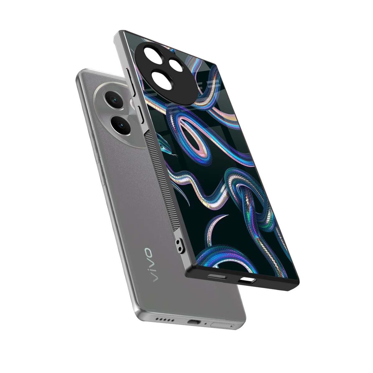 Snakes sleek vivo v30e cover with tempered glass back and TPU edges
