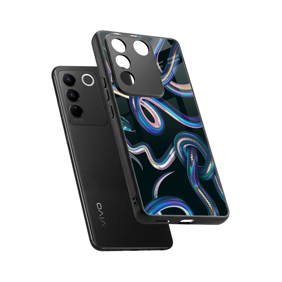 Snakes sleek vivo v27 5g cover with tempered glass back and TPU edges