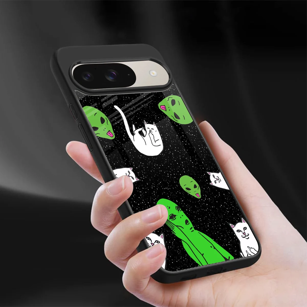 Space Kitty sleek google pixel 9 cover with tempered glass back and TPU edges