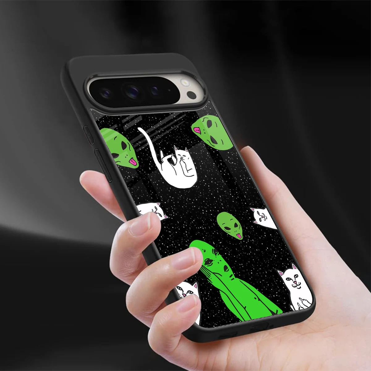 Space Kitty sleek google pixel 9 pro xl cover with tempered glass back and TPU edges