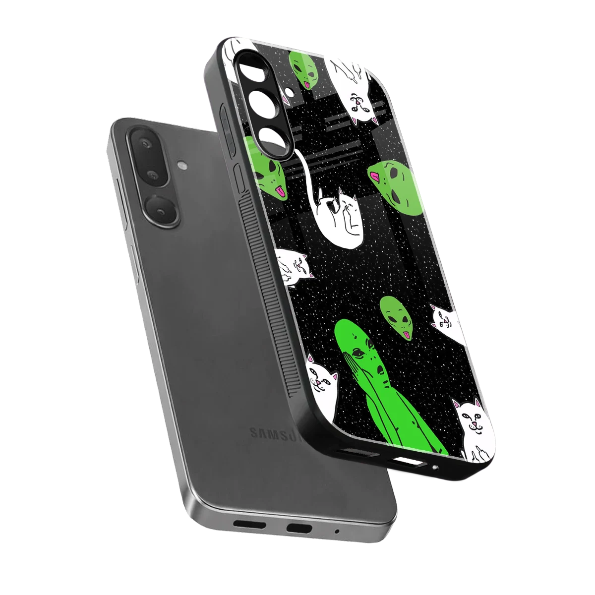 Space Kitty sleek samsung galaxy m56 5g cover with tempered glass back and TPU edges