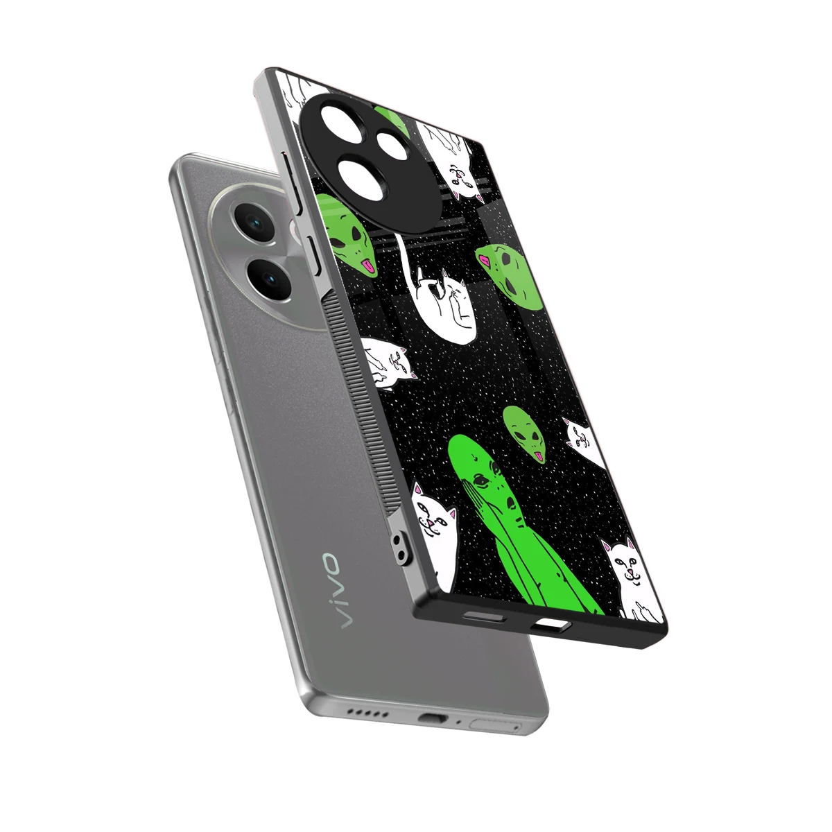 Space Kitty sleek vivo v30e cover with tempered glass back and TPU edges