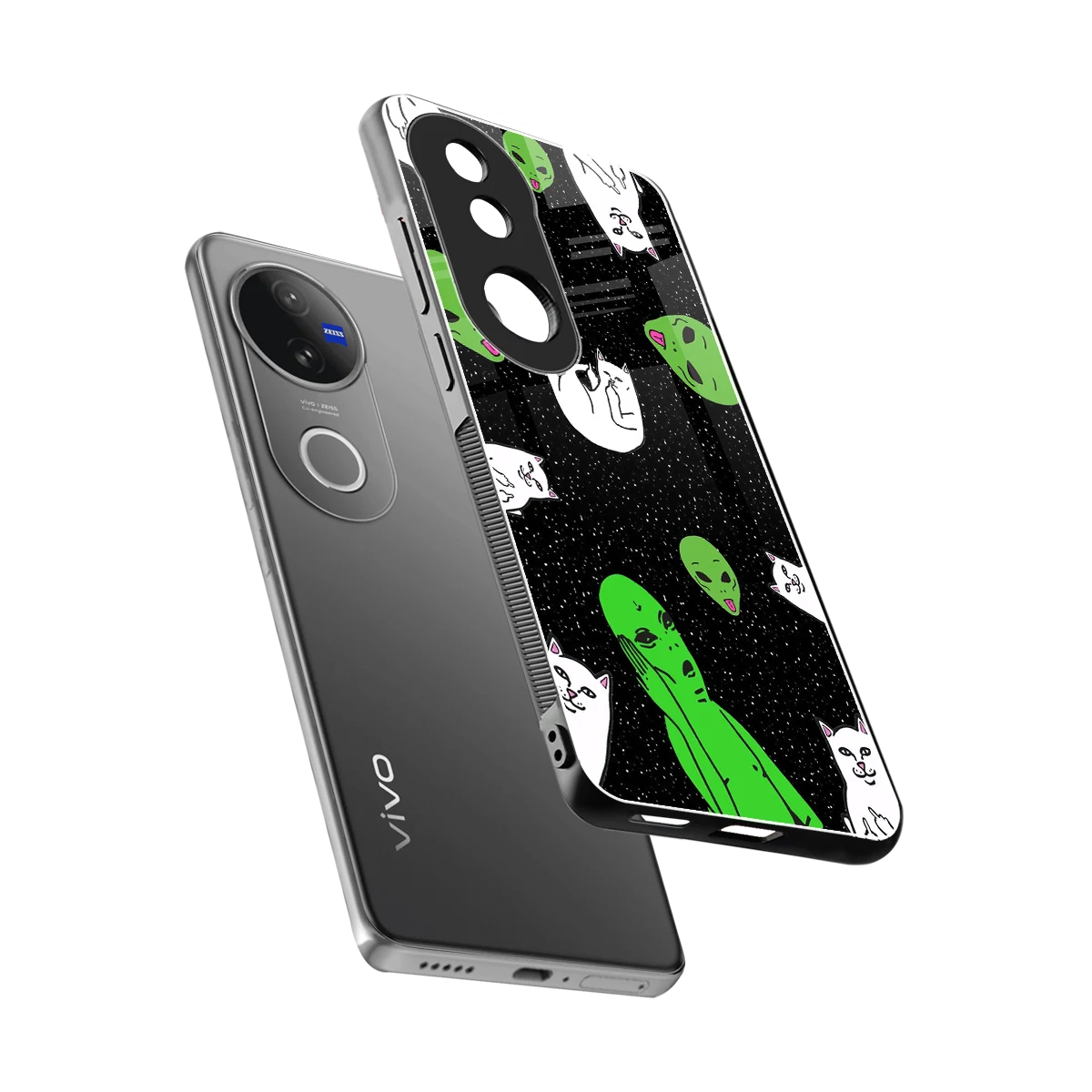 Space Kitty sleek vivo v50 cover with tempered glass back and TPU edges
