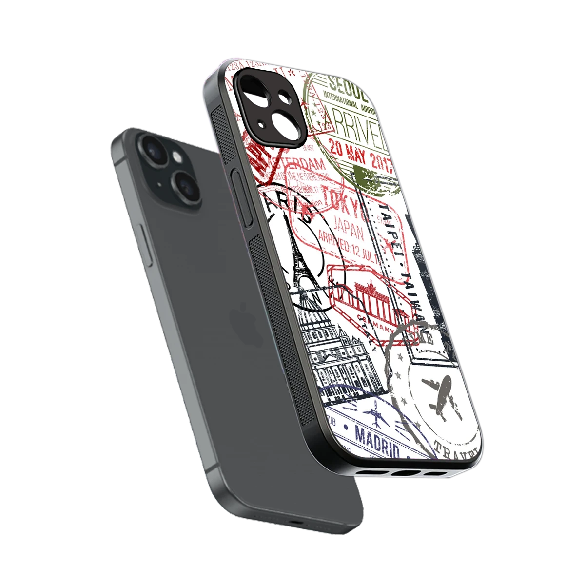 Stamp Collection sleek iphone 14 plus cover with tempered glass back and TPU edges