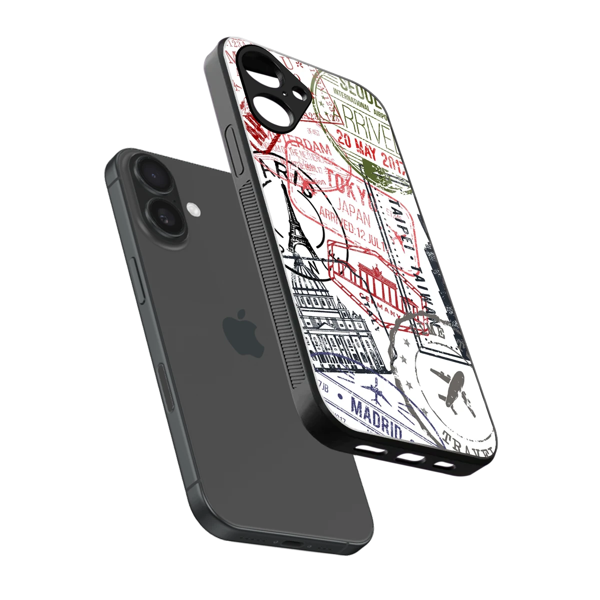Stamp Collection sleek iPhone 16 cover with tempered glass back and TPU edges