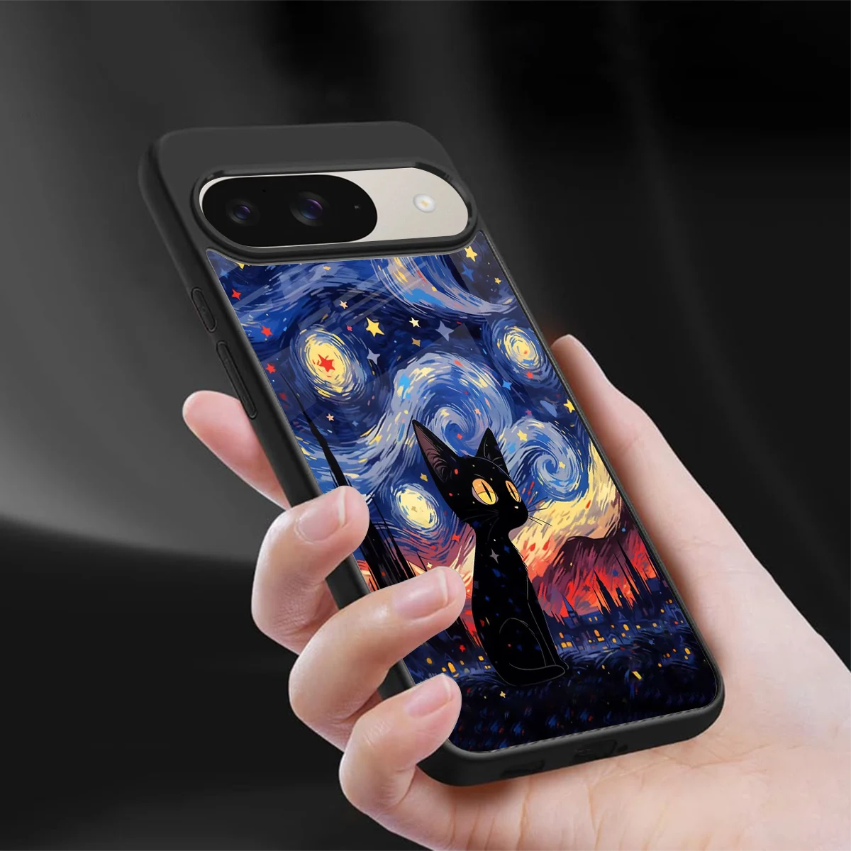 Starry Whiskers sleek google pixel 9 cover with tempered glass back and TPU edges