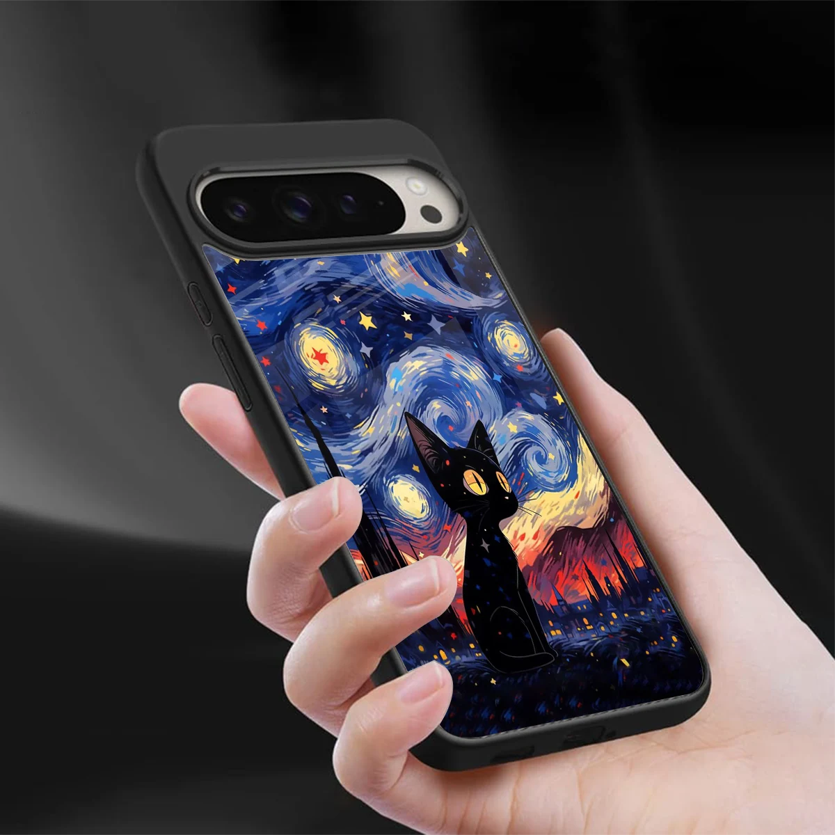 Starry Whiskers sleek google pixel 9 pro cover with tempered glass back and TPU edges