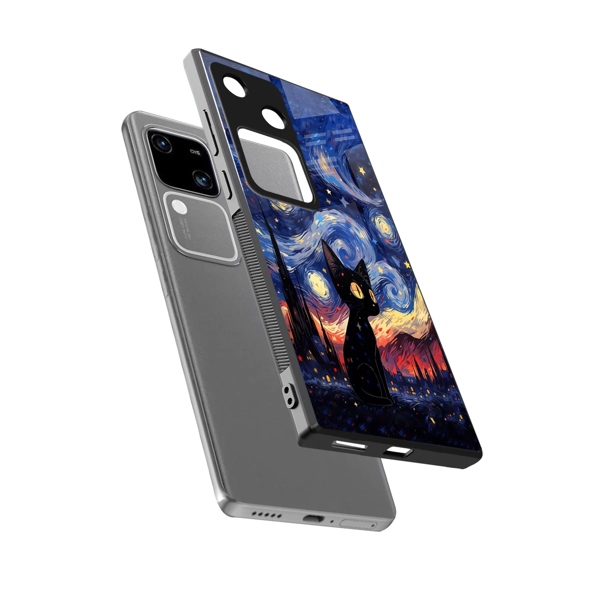 Starry Whiskers sleek vivo v30 cover with tempered glass back and TPU edges