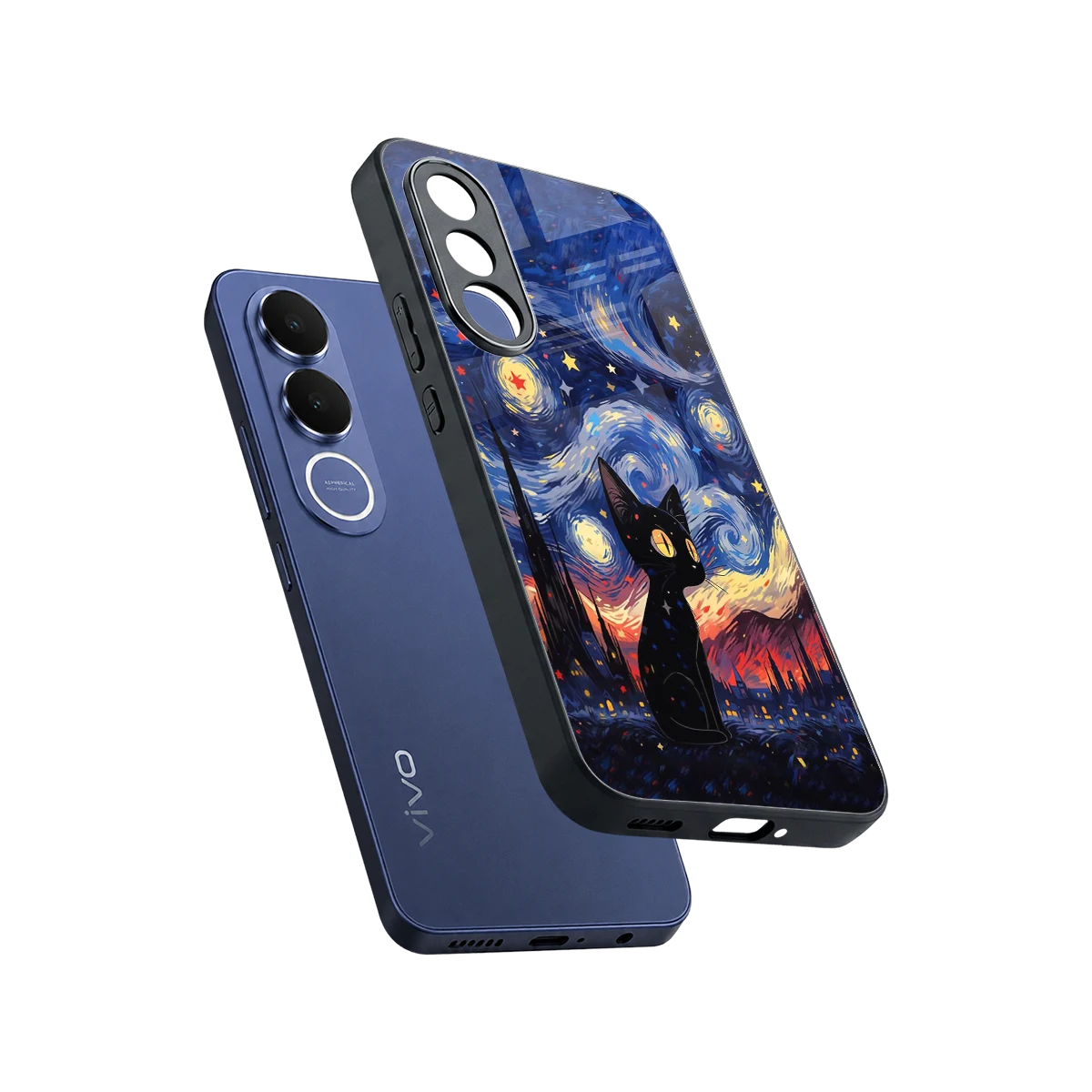 Starry Whiskers sleek vivo v70 fe cover with tempered glass back and TPU edges