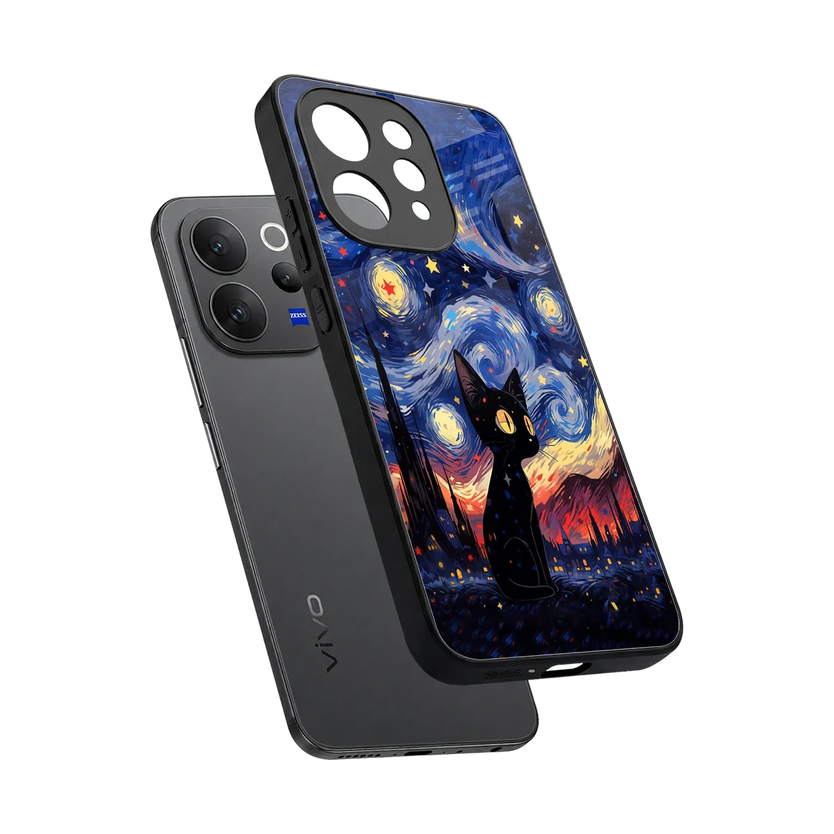Starry Whiskers sleek vivo v70 cover with tempered glass back and TPU edges