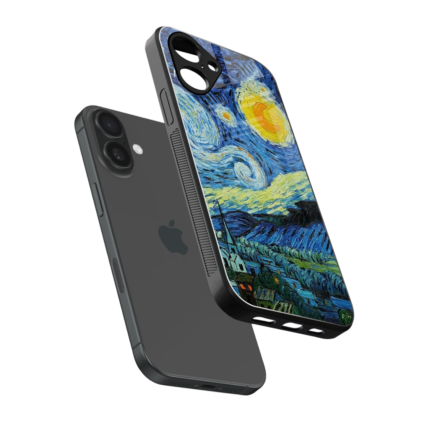 Starry night sleek iPhone 16 cover with tempered glass back and TPU edges