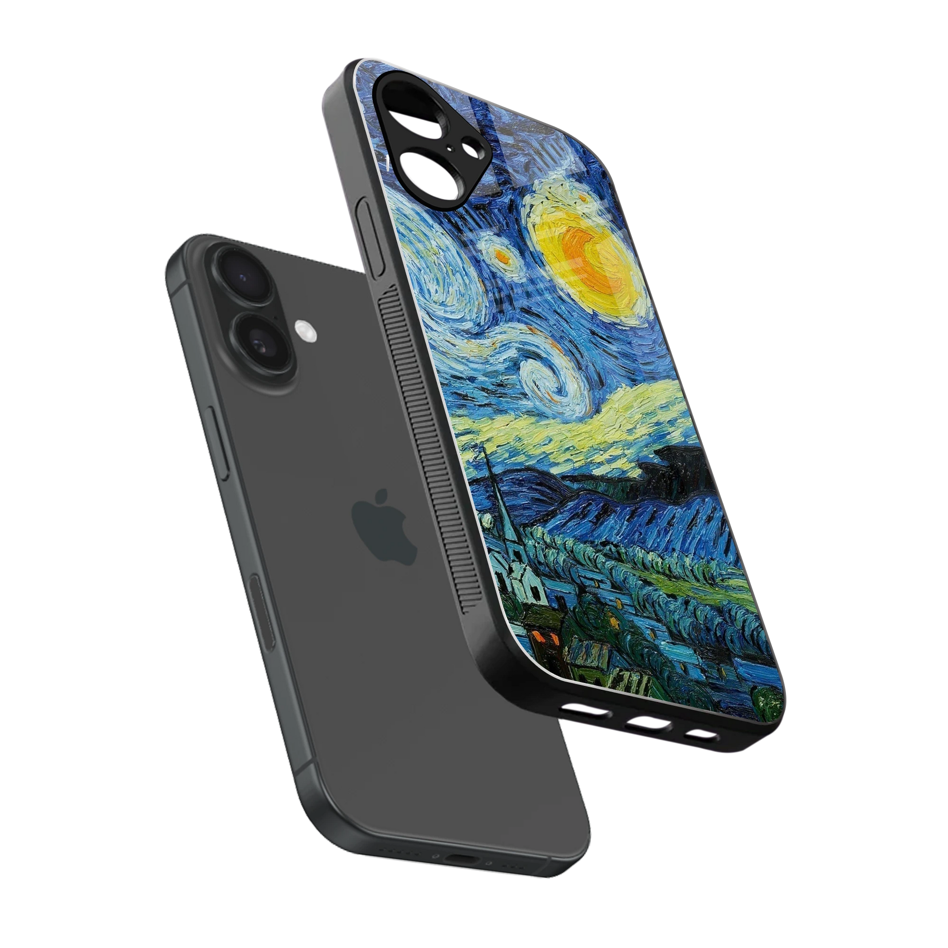 Starry night sleek iPhone 16 cover with tempered glass back and TPU edges