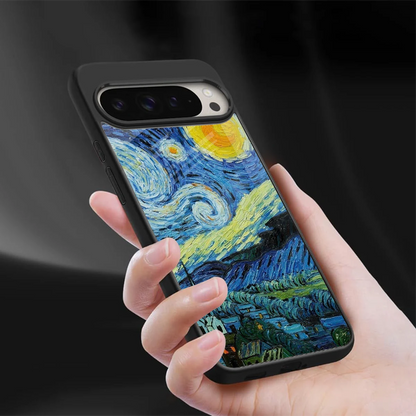 Starry night sleek google pixel 9 pro cover with tempered glass back and TPU edges