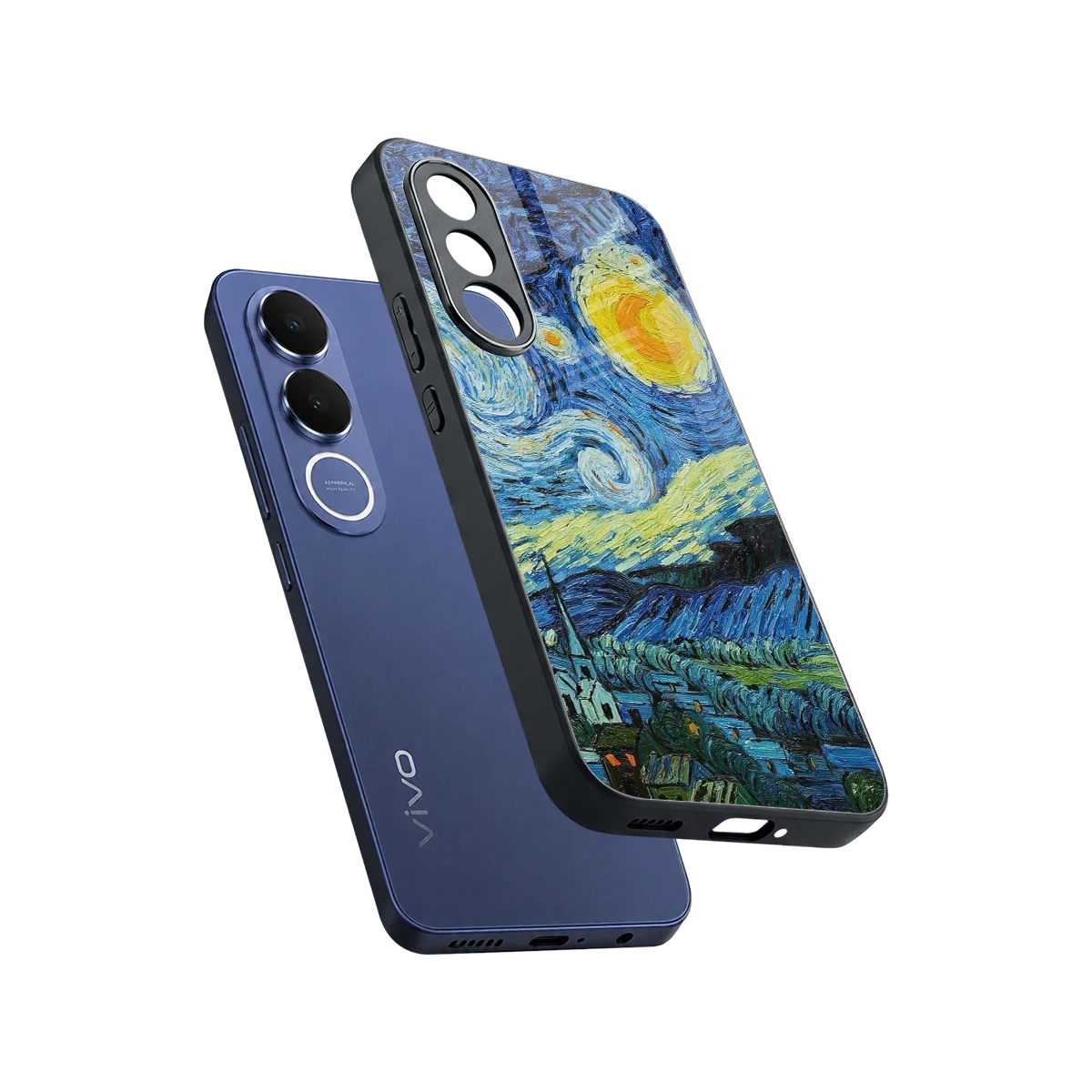 Starry night sleek vivo v70 fe cover with tempered glass back and TPU edges