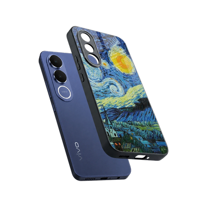 Starry night sleek vivo v70 fe cover with tempered glass back and TPU edges