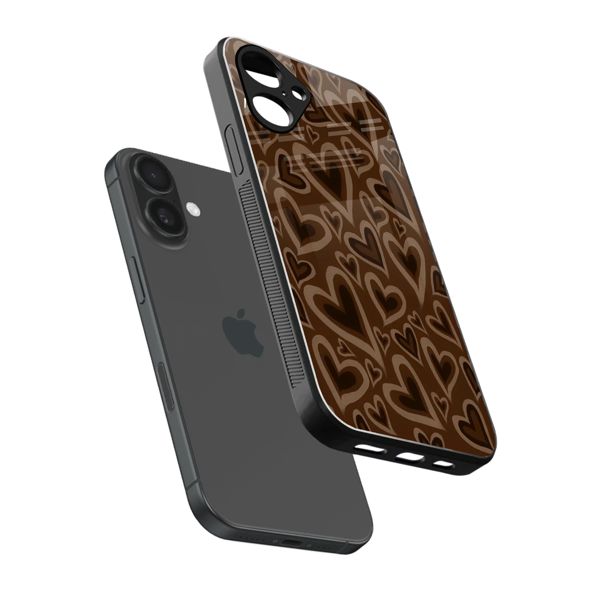 Toasty Brown Hearts sleek iPhone 16 cover with tempered glass back and TPU edges