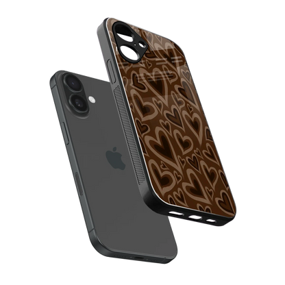 Toasty Brown Hearts sleek iPhone 16 cover with tempered glass back and TPU edges