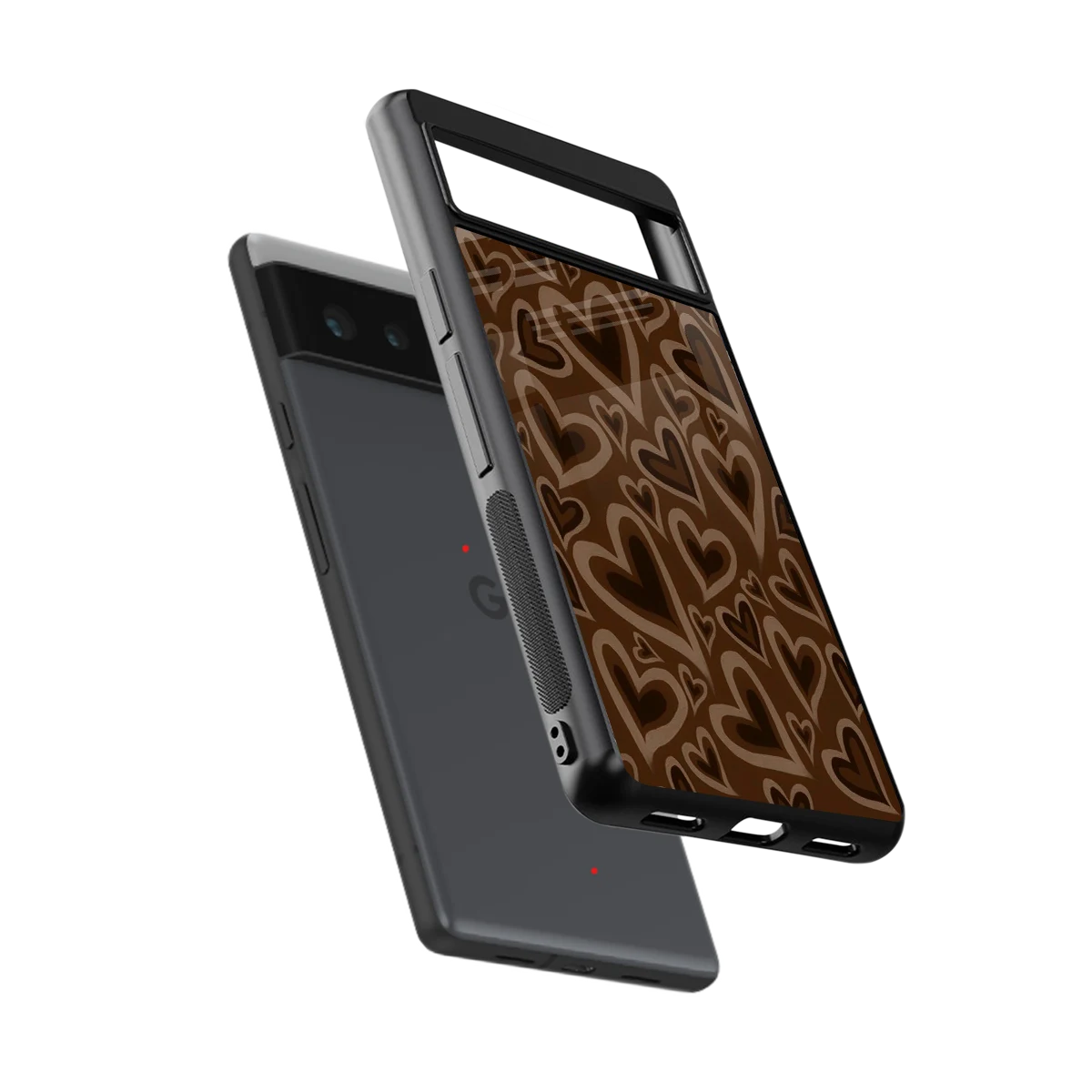 Toasty Brown Hearts sleek google pixel 6 cover with tempered glass back and TPU edges