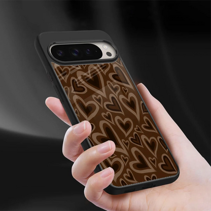 Toasty Brown Hearts sleek google pixel 9 pro xl cover with tempered glass back and TPU edges