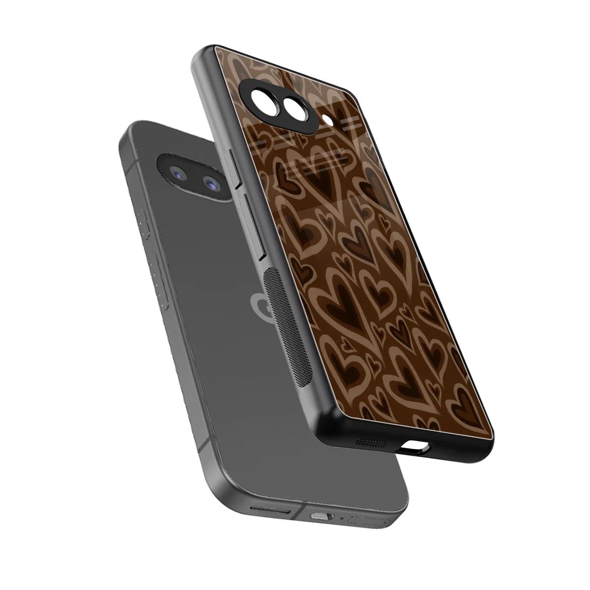 Toasty Brown Hearts sleek google pixel 10a cover with tempered glass back and TPU edges