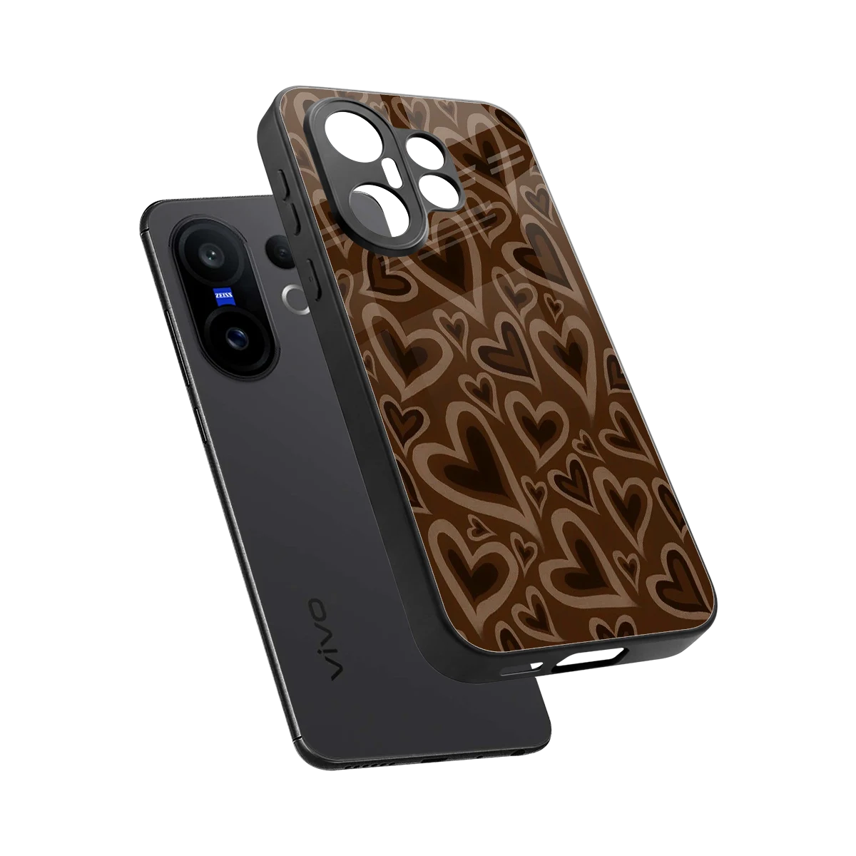Toasty Brown Hearts sleek vivo x200 fe cover with tempered glass back and TPU edges