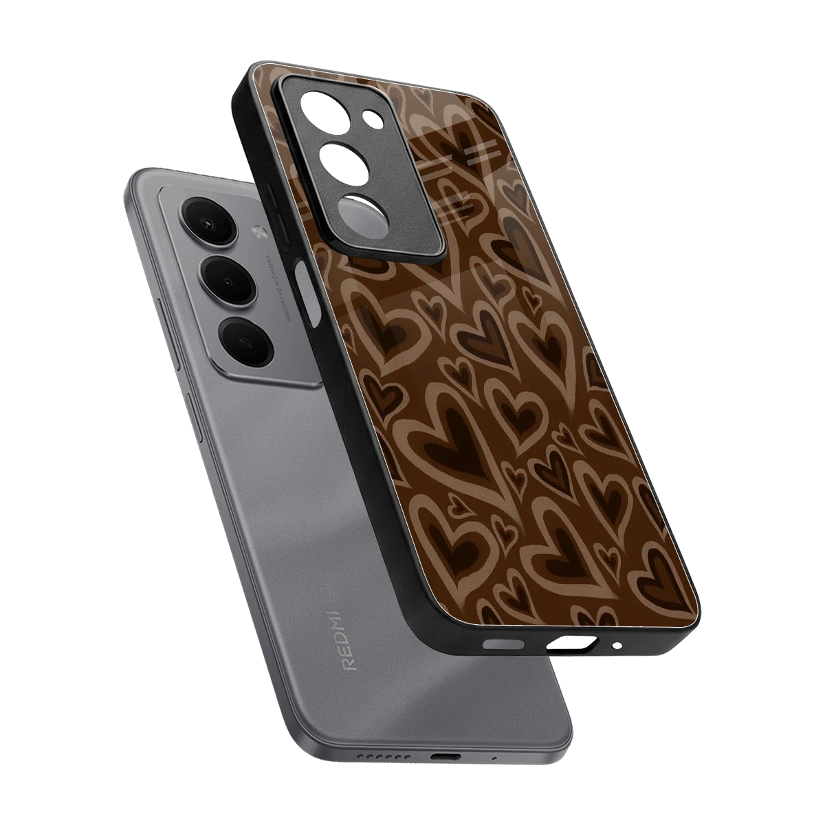 Toasty Brown Hearts sleek redmi 15 5g cover with tempered glass back and TPU edges
