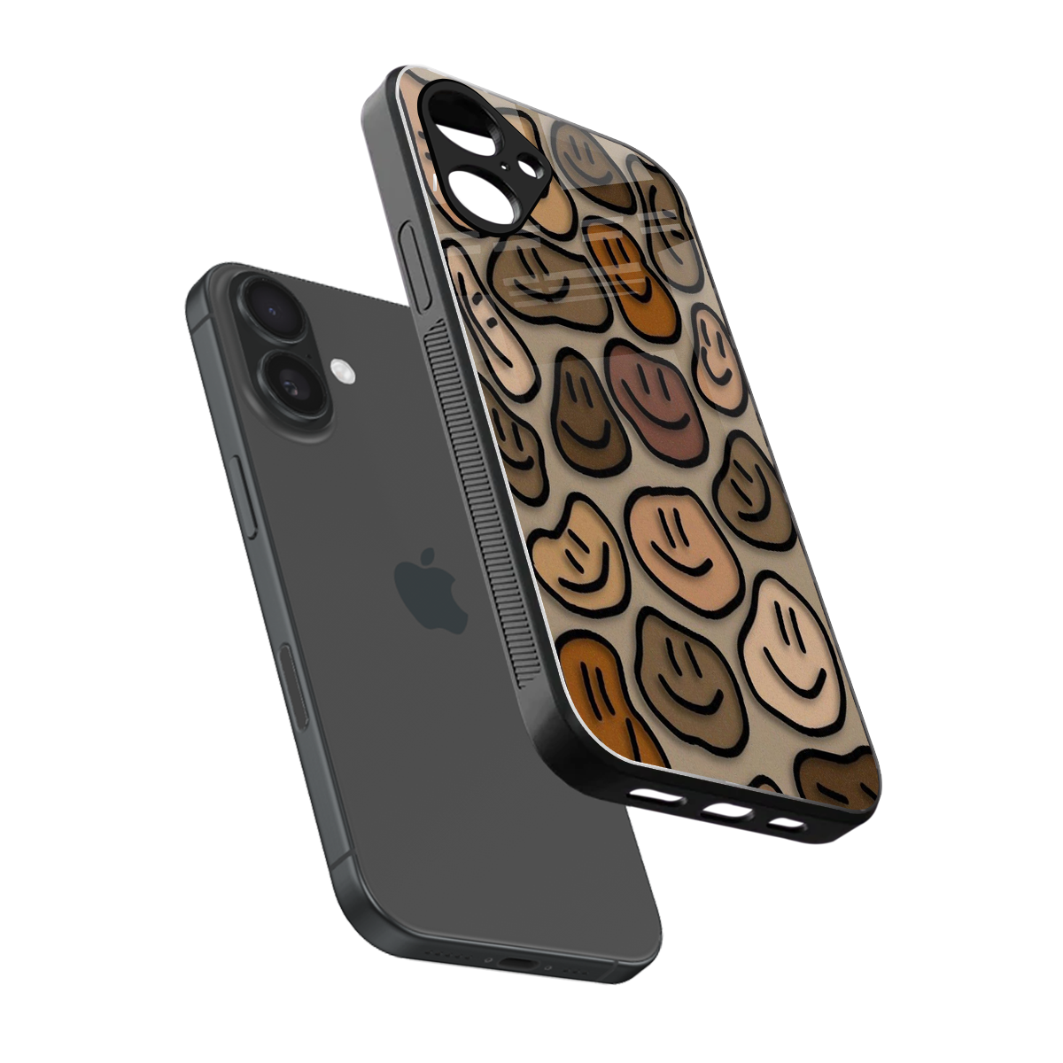Toasty Brown Smileys sleek iPhone 16 cover with tempered glass back and TPU edges