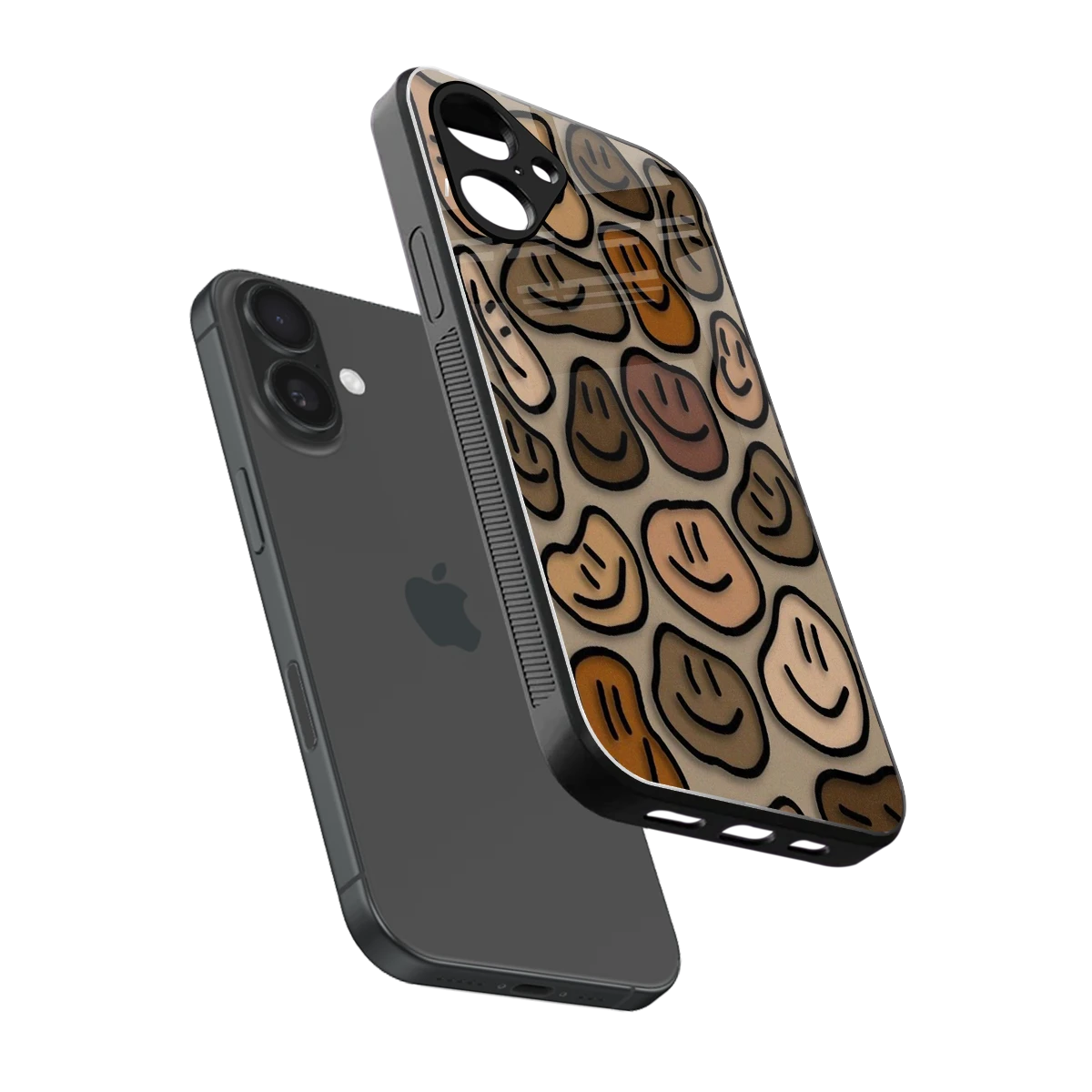 Toasty Brown Smileys sleek iPhone 16 cover with tempered glass back and TPU edges