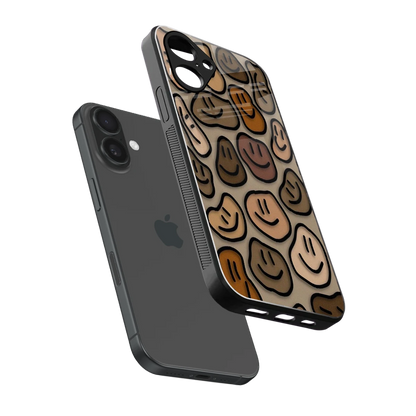 Toasty Brown Smileys sleek iPhone 16 cover with tempered glass back and TPU edges