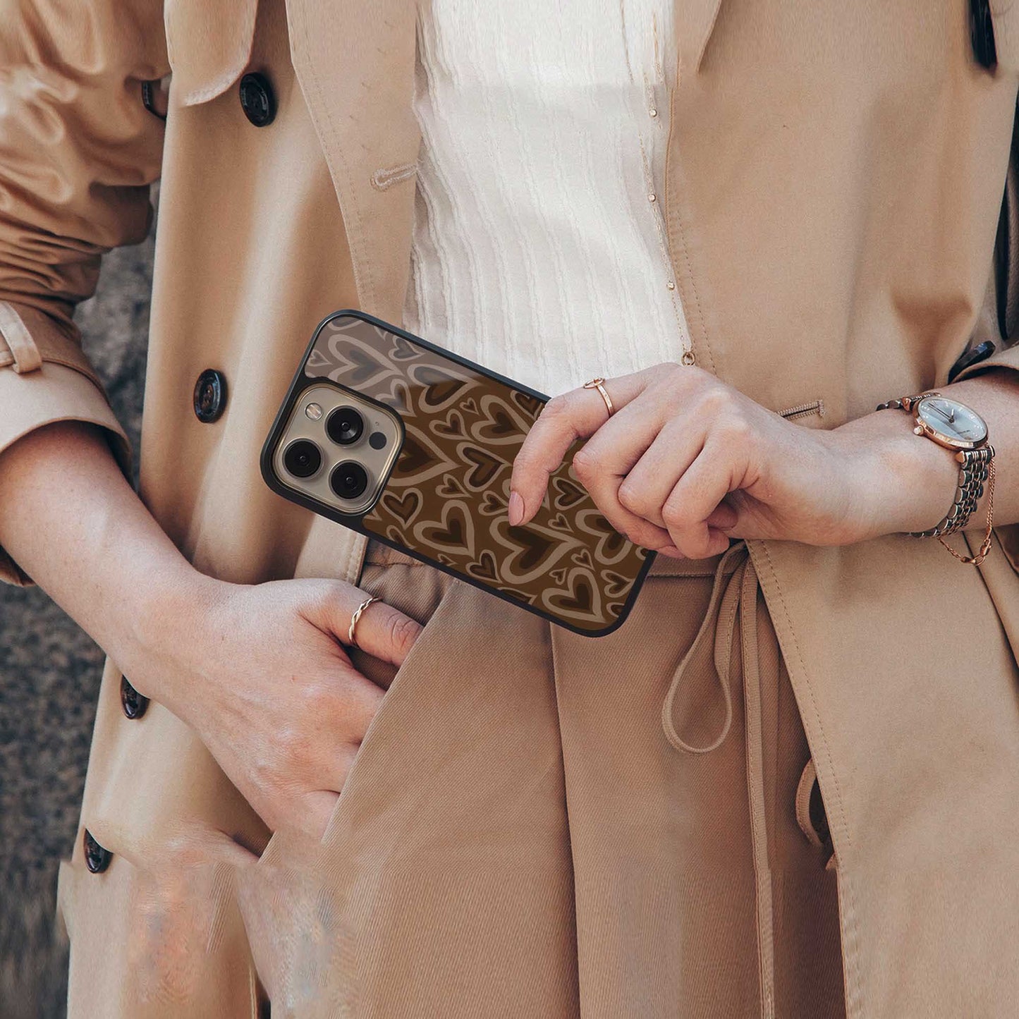 Toasty Brown Hearts Phone Case for Iphone 16 | Glass Case