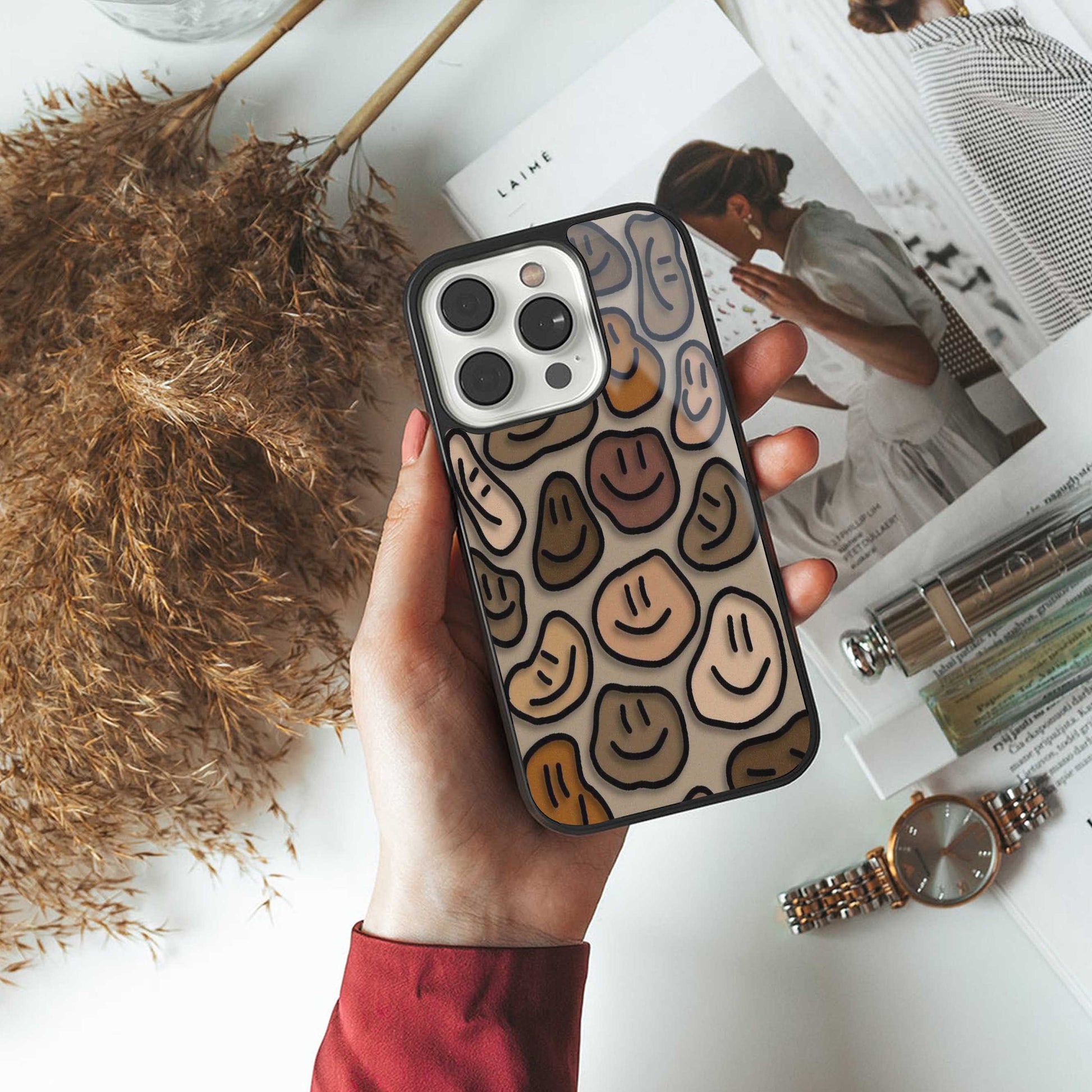 Toasty Brown Smileys TPU glass hybrid case for iPhone 16 | premium mobile back cover