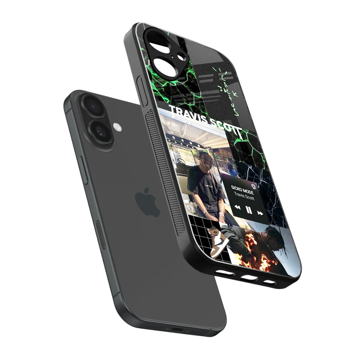 Travis Scott sleek iPhone 16 cover with tempered glass back and TPU edges