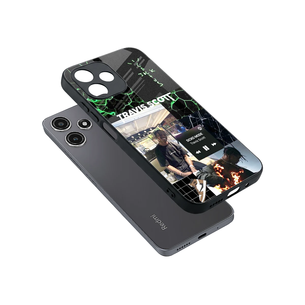 Travis Scott sleek redmi 12 5g cover with tempered glass back and TPU edges