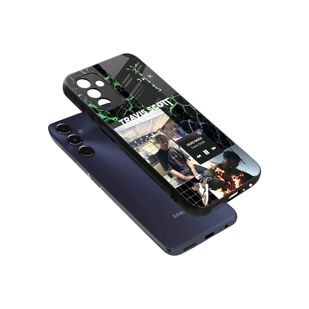 Travis Scott sleek samsung galaxy m14 5g cover with tempered glass back and TPU edges