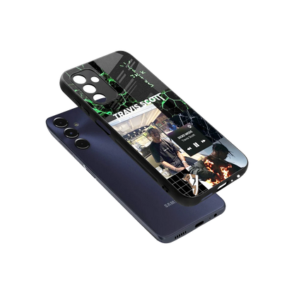 Travis Scott sleek samsung galaxy m14 5g cover with tempered glass back and TPU edges