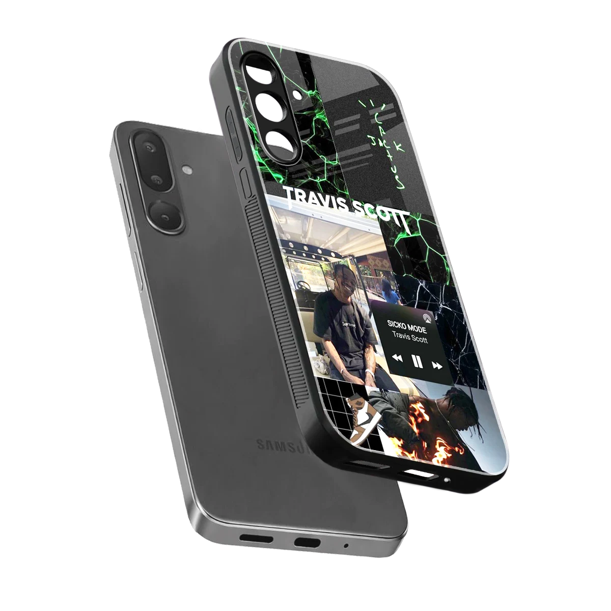 Travis Scott sleek samsung galaxy m56 5g cover with tempered glass back and TPU edges