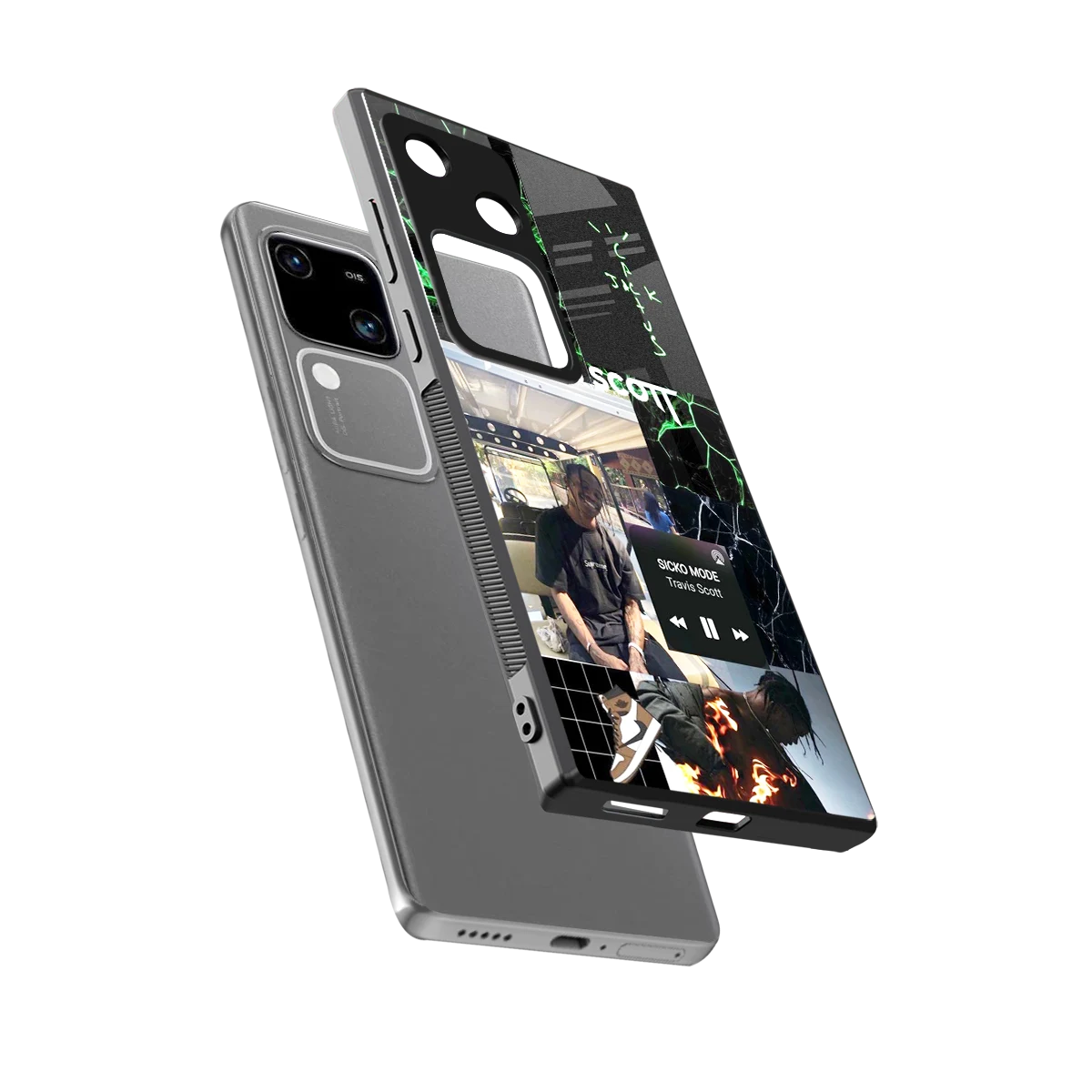 Travis Scott sleek vivo v30 cover with tempered glass back and TPU edges