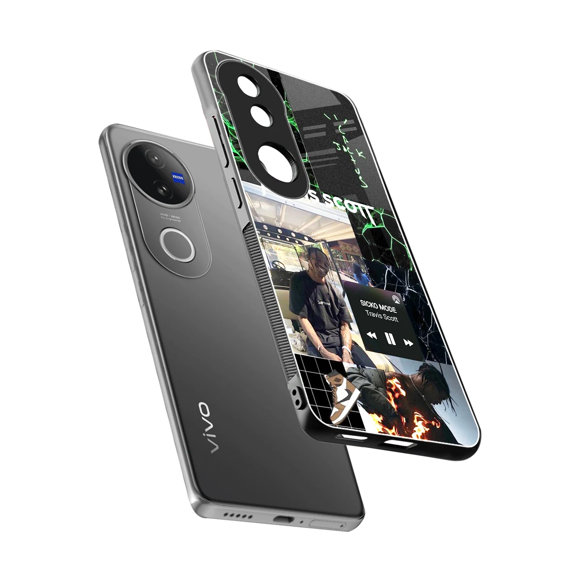 Travis Scott sleek vivo v50 cover with tempered glass back and TPU edges