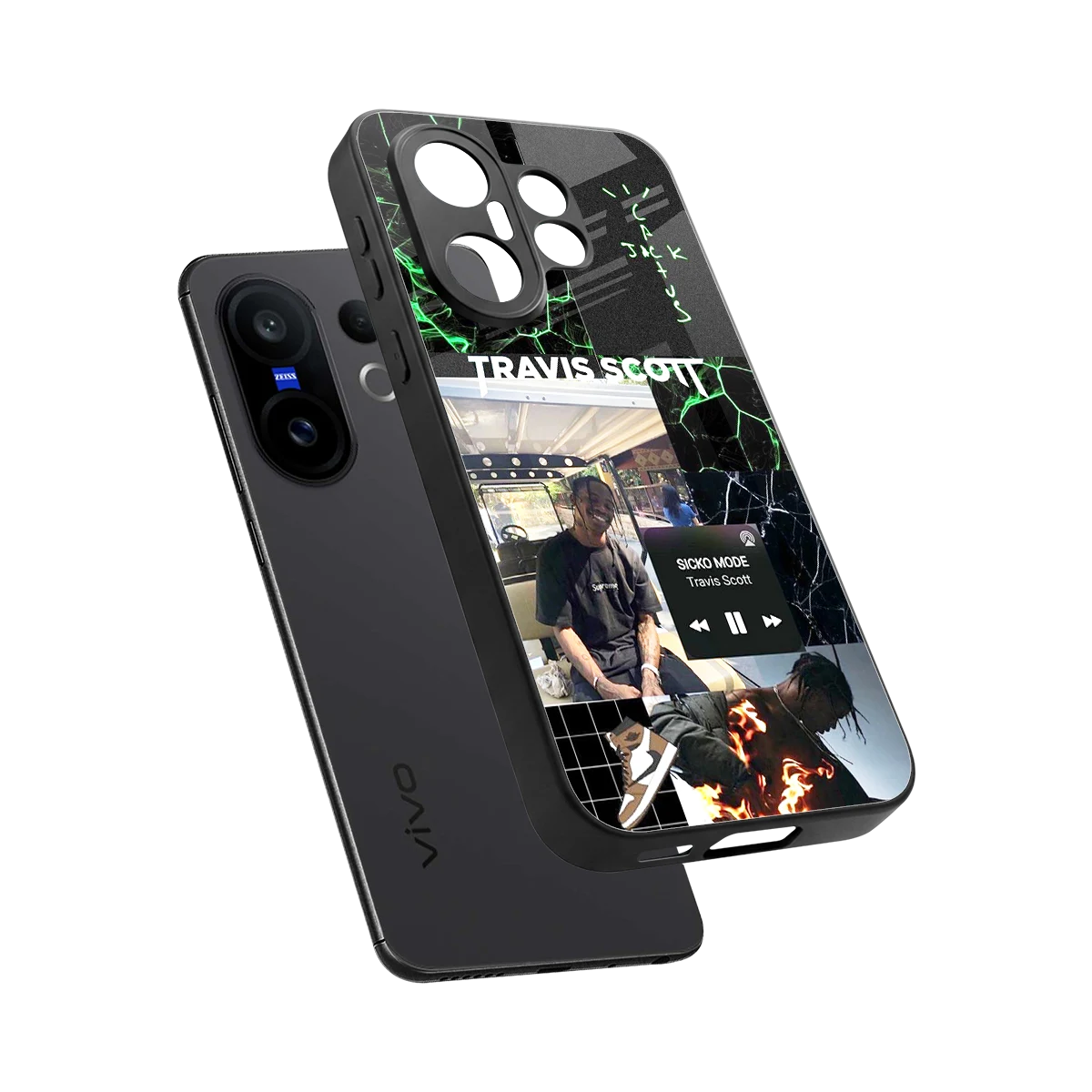 Travis Scott sleek vivo x200 fe cover with tempered glass back and TPU edges