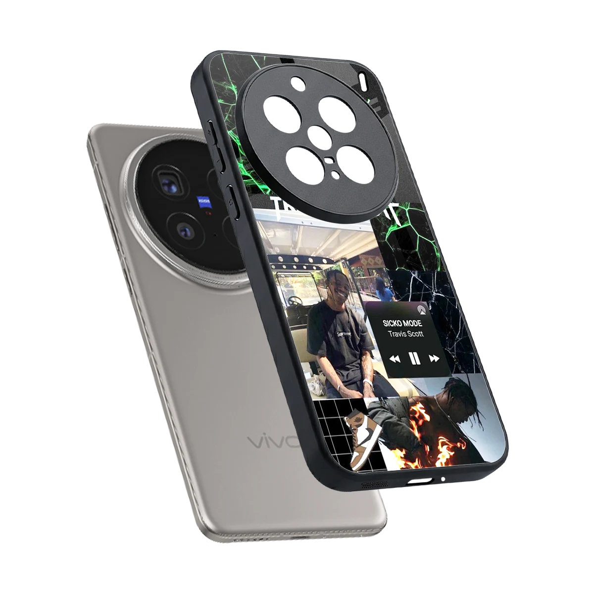 Travis Scott sleek vivo x200 pro cover with tempered glass back and TPU edges