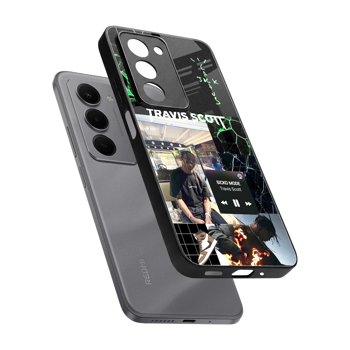 Travis Scott sleek redmi 15 5g cover with tempered glass back and TPU edges