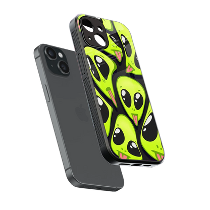 Trippy Aliens sleek iphone 13 cover with tempered glass back and TPU edges