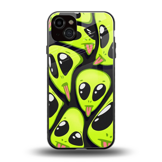 Trippy Aliens back phone cover | glass case for iphone 15 plus
