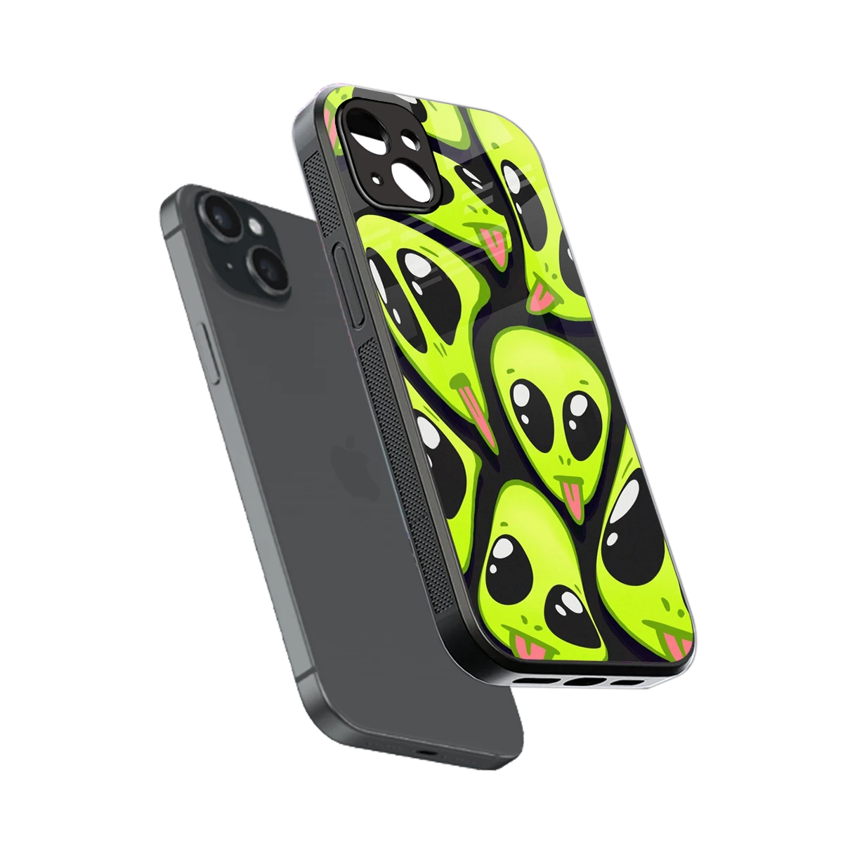 Trippy Aliens sleek iphone 14 plus cover with tempered glass back and TPU edges